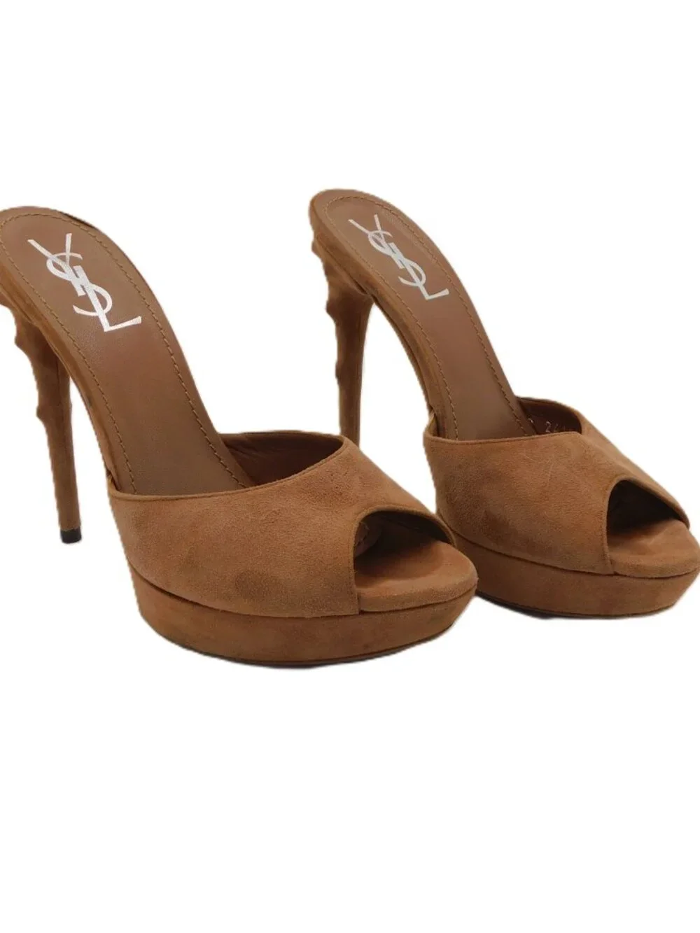 Saint Laurent YSL Open Toe Thorn Heel Tan Suede High Heel Sandals | GUC | 37 US